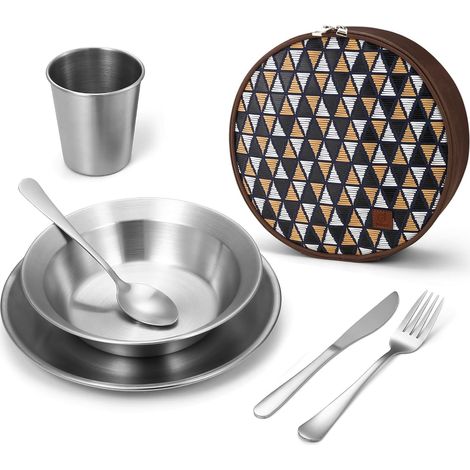 Set de couverts camping inox poli : assiette, bol, tasse, fourchette, cuillère, couteau et sac. (1/5)