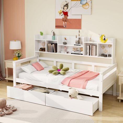 Lit simple 90x200 avec canapé, tiroirs, étagères et sommier lattes - Bois massif blanc - Enfant, adolescent (sans Matelas) (1/5)