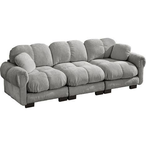 Divano a 3 posti in ciniglia grigio chiaro con 2 cuscini decorativi (1/5)