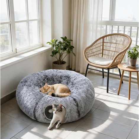 Tunnel per gatti 90x80x27 cm in tessuto peluche grigio con cuscino lavabile da interno – MEUBLIV (1/5)