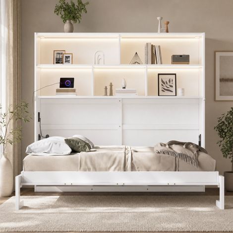 Letto pieghevole singolo 90x200 cm bianco con LED, USB e vano contenitore, MDF (1/5)