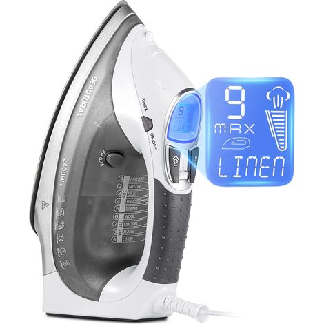 Fer à Repasser Vapeur 2400W 340ml LCD Anti-gouttes, auto-nettoyage anti-calc, blanc/gris, puissant. (1/5)