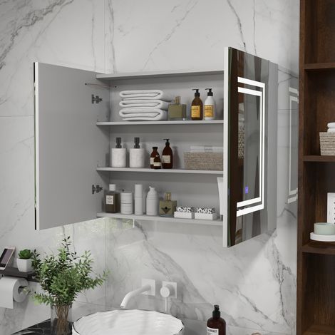 Badezimmerschrank mit Spiegel, verstellbaren Einlegeböden, Touch-Schalter und einstellbarer Lichtfarbe, 80 x 15 x 65 cm, Hochglanzweiß