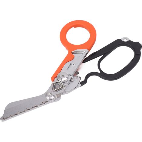 Ciseaux d'urgence en acier inoxydable, multifonctionnels et pliables, pinces de camping, outil de secours, noir et orange (1/5)