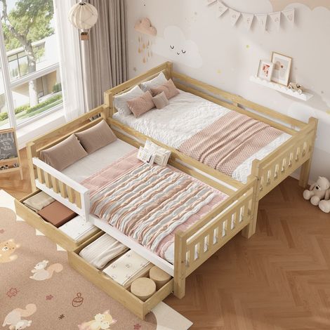 Lit Superposé Enfant 90 x 200 cm transformable en 2 lits simples structure en bois barrière anti-chute surélevée 2 tiroirs (1/5)