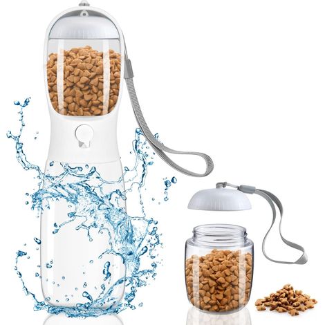 Bottiglia d'acqua portatile per cani, bottiglia d'acqua per cani con filtro a carbone attivo da 550 ml, borraccia da viaggio per animali domestici con bottiglia di cibo per cani da 100 ml bianca (1/5)