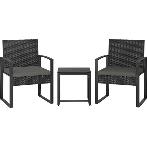 Salon de jardin extérieur en résine tressée 2 personnes, table de jardin avec 2 chaises, plateau en verre trempé, noir