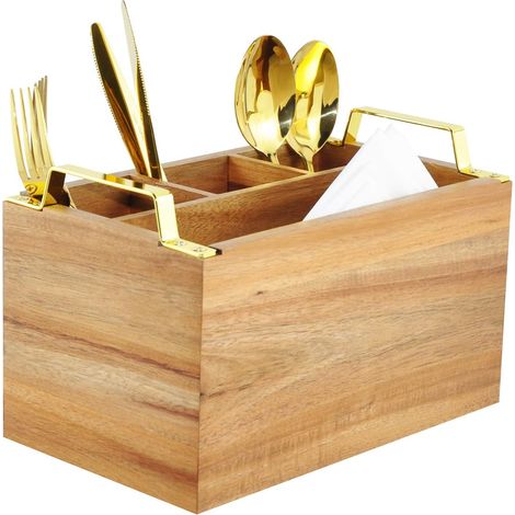 Range-couverts – Porte-ustensiles en argenterie – Organisateur de condiments pour cuisine, salle à manger, réception, pique-niques – 4 compartiments – Bois d'acacia massif avec poignée en mét (1/5)