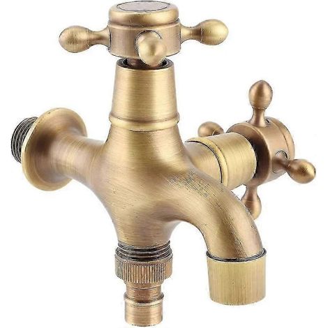 Robinet de jardin en cuivre style antique à double bec, robinet d'eau froide simple doré vintage pour lave-linge, balai et évier (1/5)