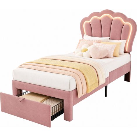 Lit enfant LED 90 x 190 cm avec tiroir, tête de lit réglable en hauteur, sommier à lattes et cadre en velours rose à motif floral, app contrôlable  CHICFURN (1/5)