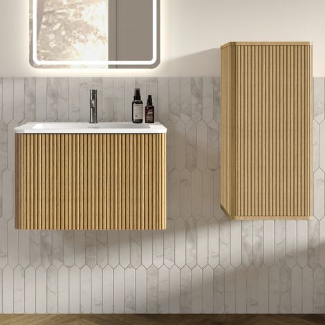 Mobile lavabo con mobile sotto-lavabo sospeso da 60 cm e mobile laterale, rovere HAVRYA (1/5)