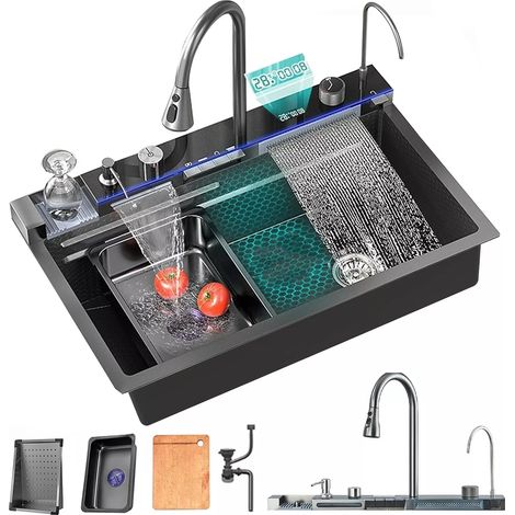 Kitchen Sink Set Multifunctional Waterfall Sink with Drainer,Grey Stainless Steel Nano Home Workstation Sink with LED Digital Display, Cup Washer, Soap Dispenser Accessories (75x45x21CM) (1/5)
