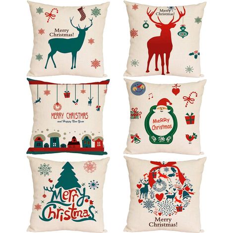Lot de 6 housses de coussin, motif Noël, coton et lin, fermeture éclair invisible, 45x45 cm, pour canapé et lit (1/5)