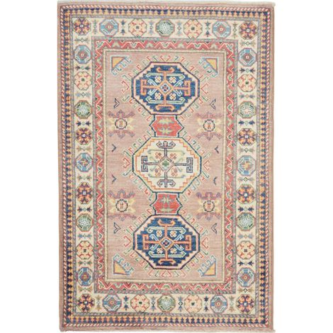 Tapis d'orient 82 x 126 cm, motif géométrique, rose, bleu et crème, en laine nouée à la main, artisanat chaleureux (1/5)