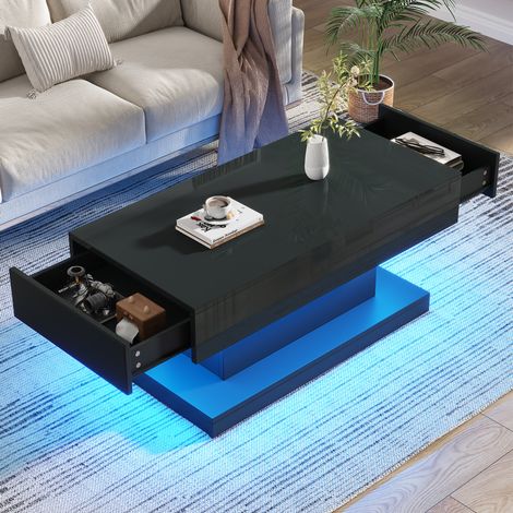 Table basse 100x50x45 cm avec 2 tiroirs, éclairage LED par application, finition brillante noire (1/5)
