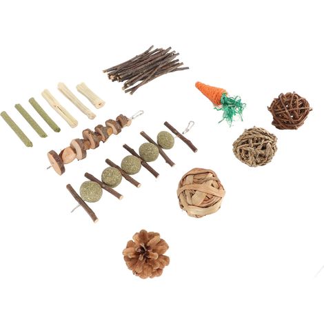 Ensemble de jouets à mâcher pour lapins et cochons d'Inde : boule d'herbe, ficelle, pomme de pin et bâtonnet en bois. Convient également aux hamsters et cochons d'Inde. (1/5)