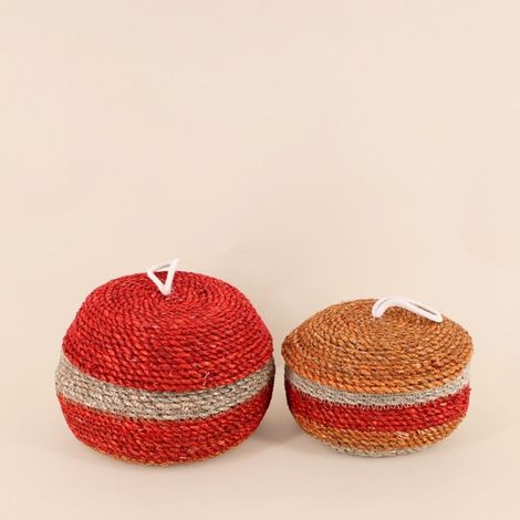 Lot de 2 paniers rayés à couvercle fibres naturelles rouge, naturel (1/5)