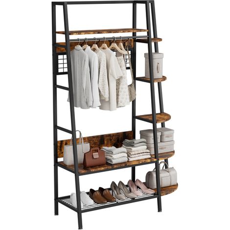 Portant à vêtements sur pied avec 3 étagères, métal noir et bois, style industriel, pour entrée, chambre ou bureau, rangement gain de place - CHICFURN (1/5)