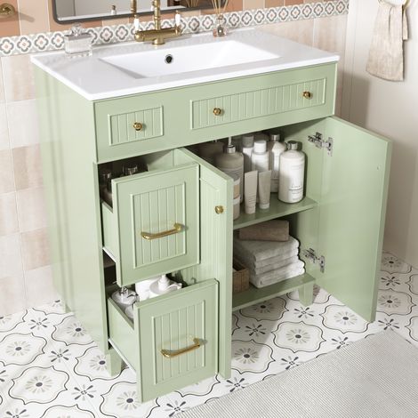 Meuble vasque salle de bain 81,7 cm - Meuble sous vasque sur pieds bois massif, vasque céramique, finition laquée, rangement polyvalent, pieds en bois naturel, style moderne haut de gamme - Vert (1/5)