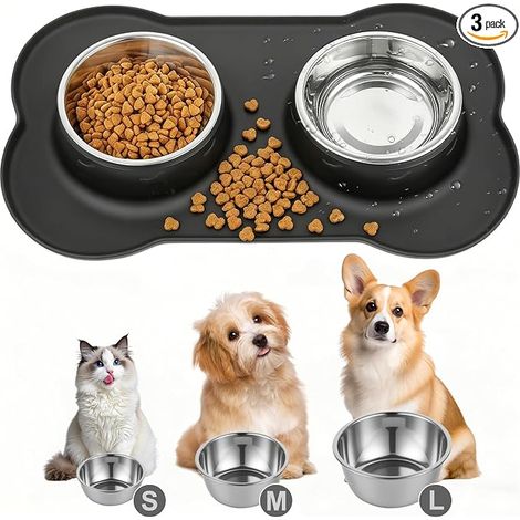 Stainless Steel Cat Bowl Mat, Stainless Steel Dog and Cat Bowl, Double Water Bowls with Silicone Anti-Splash Dog Bowl Mat (S 36 x 21 cm) (1/4)