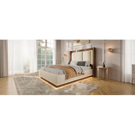 Cama 90x200 cm de lino y madera beige, con LED y almacenaje, ahorra espacio, sin colchón – MEUBLIV (1/5)