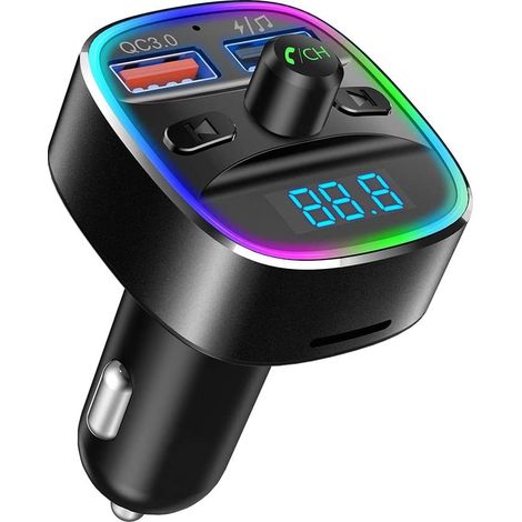 Transmetteur FM Bluetooth - Lecteur multimédia voiture - Bluetooth 5.0 - USB et microSD ≤32 Go - Charge Quick Charge 3.0 - Rétroéclairage LED 7 couleurs - Affichage tension batterie - 1 Pièce (1/5)