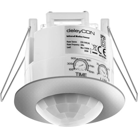 1x détecteur de mouvement infrarouge, plafond, 360°, portée 6 m, ip20, montage encastré, chrome