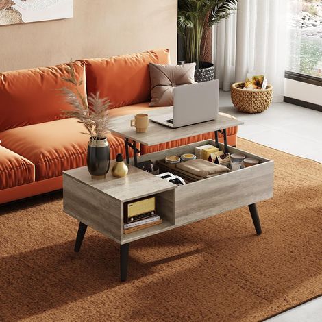 Table basse réglable en hauteur et extensible, table de salon avec grand compartiment de rangement dissimulé, plateau relevable, table basse pour bureau, 50 x 100 cm, table d'appoint, gris/marron (1/5)