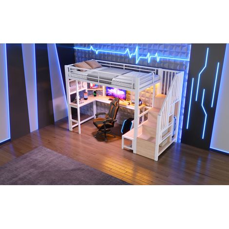 Lit surélevé, 90 x 200 cm, bureau, ports USB et USB-C, panneau perforé, étagères, placard-escalier, éclairage LED, matelas non inclus, blanc (1/5)