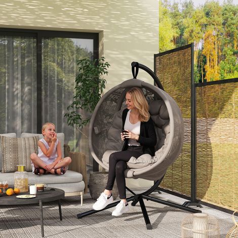 Sedia sospesa, sedia da giardino, sedia in vimini, stile boho, 116 x 125 x 172 cm, sabbia + nero