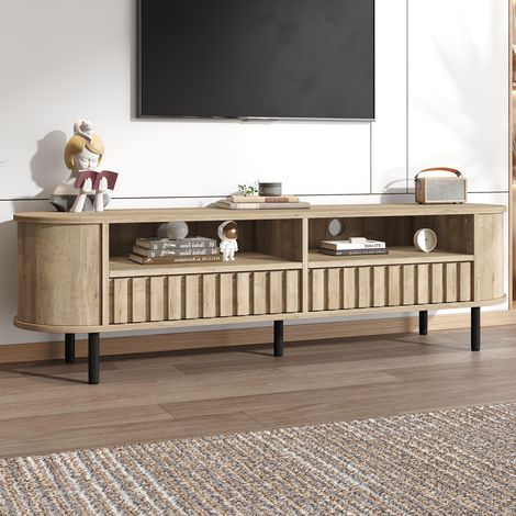 Mueble TV 160x40x48 cm con dos cajones tablero de fibra de densidad media color madera natural apto para TV de 65 pulgadas