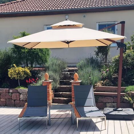 PURPLE LEAF Parasol Déporté en Aluminium avec Apparence Bois, 3 × 3 M Carré, Adapté pour Piscine, Jardin, Balcon et Terrasse, Beige (1/5)