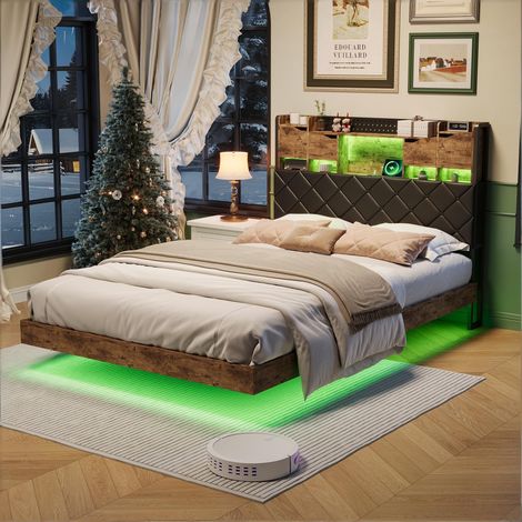 Lit 160x200 cm avec sommier - avec LED et USB - Cadre de lit flottant - Tête de lit Rangement - 2 personnes - Adulte - Marron Noir (1/5)