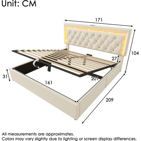 Lit rembourré 160×200 cm beige velours,tête diamant LED,USB/Type-C,hydraulique,lit jeunesse rangement sans matelas (1/5)