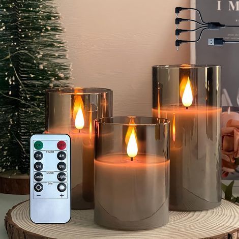 paquet de 3-Bougie sans flamme LED, bougie en cire véritable rechargeable avec télécommande et minuterie, bougies électroniques en verre gris clair (1/5)
