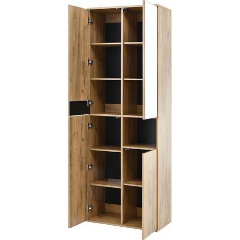Armoire haute avec miroir, 4 portes, compartiment ouvert - Noir et naturel 65x35x190 cm (1/5)
