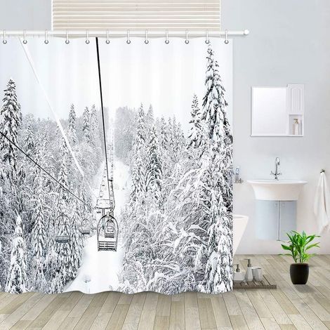 Rideau de Douche Hiver Ski Neige Montagne Vieux Câble Remontées Mécaniques Modèle pour Chambre, Maison, Salle de Bains, Hôtel Facile à Nettoyer (1/3)