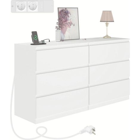 Lot de 2 commodes blanches 3 tiroirs avec prises USB et AC 70x40x75cm (1/5)
