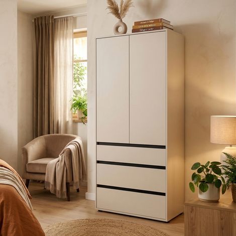 Vimercatii Kleiderschrank 2 Türen, Schlafzimmer Garderobenständer, 3 Schubladen, 1 Regal, 93x211h cm Weiß (1/5)