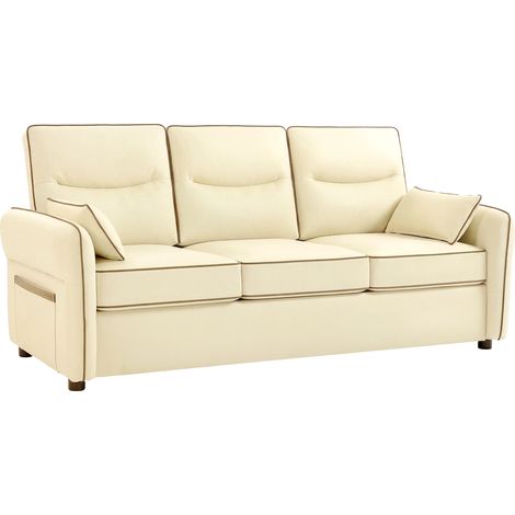 Dreisitzer-Sofa aus Kunstleder mit dicker Polsterung, Seitentasche und 2 Kissen, 190 x 83 x 90 cm, Beige