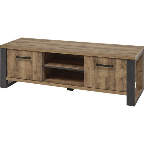 KORA - Meuble TV 2 Portes Aspect Bois et Métal Poudré Noir (1/3)