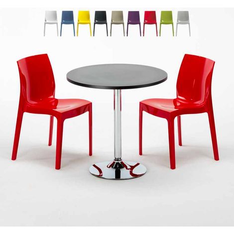Table Ronde Noire 70x70cm Avec 2 Chaises Colorées Grand Soleil Set Intérieur Bar Café Ice Cosmopolitan - Rouge (1/5)