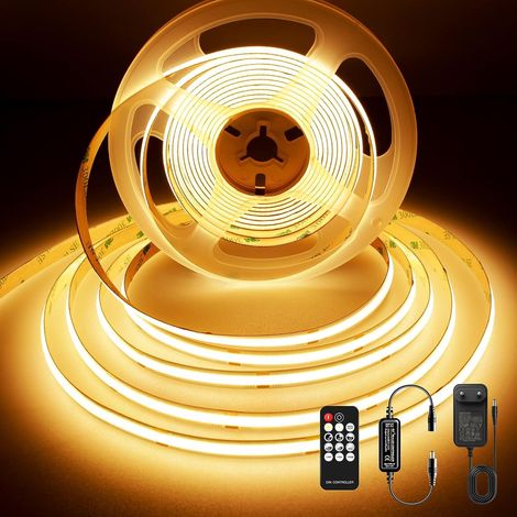 Ruban LED COB 5m, 480 LEDs/m, 3000K Bande LED Dimmable avec Telecommande et Alimentation, DC24V, CRI92, Largeur 8mm, Ruban LED Blanc Chaud pour Décoration de Chambre (1/5)