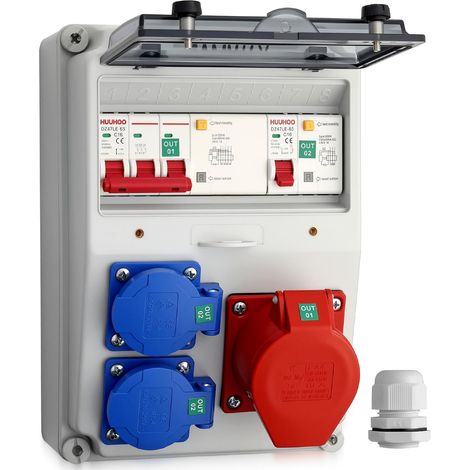 Coffret Électrique de Chantier IP66 avec 2 Prises Schuko+1 CEE16A et Disjoncteur FI+LS,Coffret Chantier Répartiteur Mural Etanche,Distributeur de Courant pour Extérieur,Jardin,Garage(type-F) (1/5)