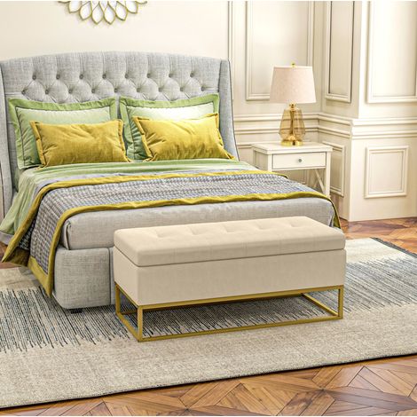 Banc coffre rembourré beige en tissu avec pieds en acier 110 x 44 x 49 cm