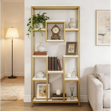 Libreria a scaffali aperti, design geometrico con 11 ripiani e cubo sospeso, metallo e legno oro e bianco (1/5)