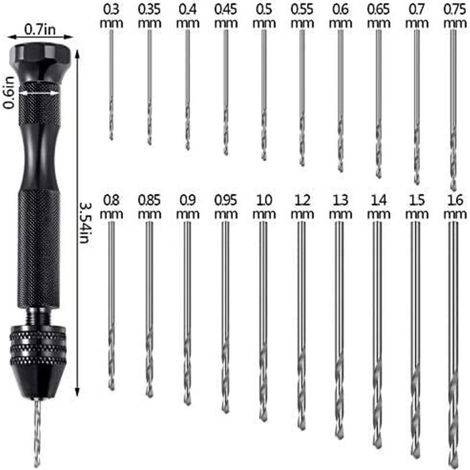 21 Pièces Ensemble de Pin Vise Comprend Perceuse à Main Pin Vise et 20 Pièces Mini Forets Hélicoïdaux (0,3 à 1,6 mm) pour Diy Bois Argile Résine Moulage Fabrication de Pendentif Bijoux (1/5)