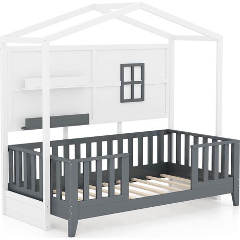 Kids Single Wood House Bed Montessori Floor Bed w/2 Shelves&Guardrails (1/5)