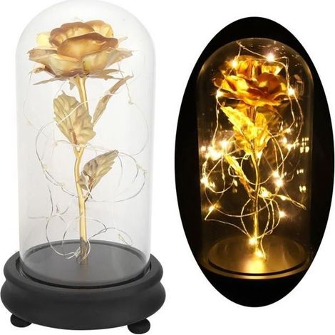 Fleur Rose Plaquée Or 24K Éternelle Enchantée Sous Dôme en Verre avec Lumière LED - Cadeau de Mariage (1/2)