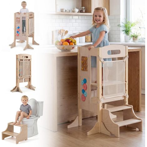 COSTWAY Torre Montessoriana Bambini, Torre di Apprendimento Pieghevole 3 in 1 con Altezza Regolabile, Lavagna Rimovibile e Pannello Educativo per Bambini 3+ Anni, 83,5 x 73 x 93 cm (1/5)